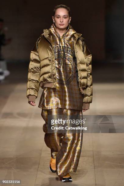 Model walks the runway at the Astrid Andersen Autumn Winter 2018 fashion show during London Menswear Fashion Week on January 7, 2018 in London,...