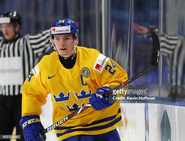 Lias Andersson of Sweden during the IIHF World Junior Championship against the United States at KeyBank Center on January 4, 2018 in Buffalo, New...