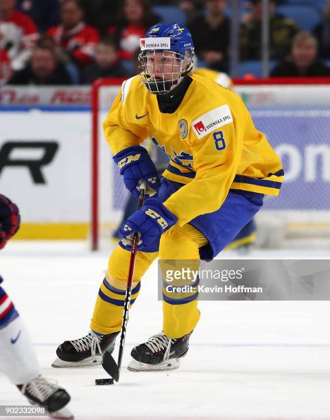 Rasmus Dahlin of Sweden during the IIHF World Junior Championship against the United States at KeyBank Center on January 4, 2018 in Buffalo, New York.
