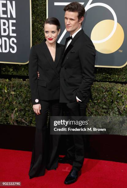 Claire Foy and Matt Smith attend The 75th Annual Golden Globe Awards at The Beverly Hilton Hotel on January 7, 2018 in Beverly Hills, California.