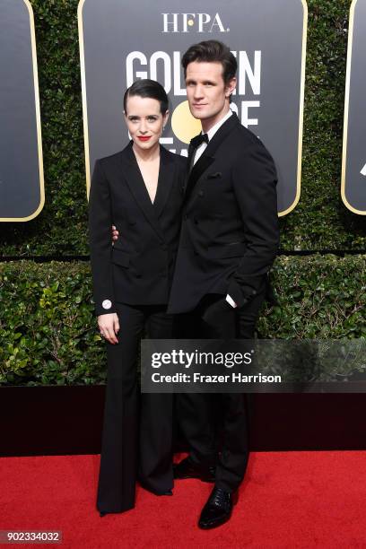 Actors Claire Foy and Matt Smith attend The 75th Annual Golden Globe Awards at The Beverly Hilton Hotel on January 7, 2018 in Beverly Hills,...