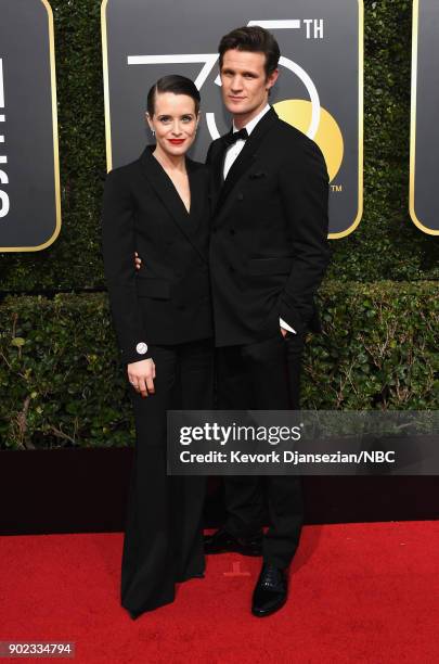 75th ANNUAL GOLDEN GLOBE AWARDS -- Pictured: Actor Claire Foy and Matt Smith arrive to the 75th Annual Golden Globe Awards held at the Beverly Hilton...