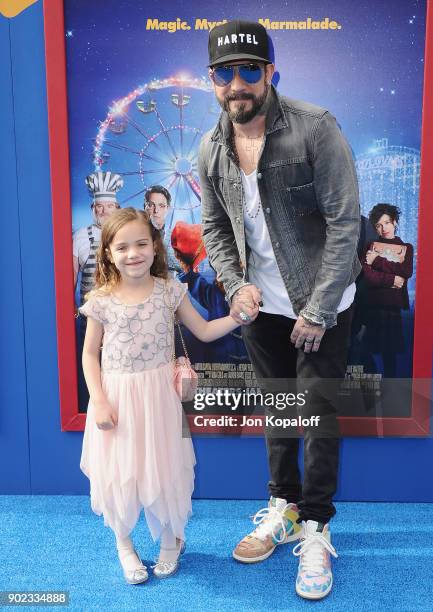 Singer-songwriter AJ McLean and daughter Ava Jaymes McLean attend the Los Angeles Premiere "Paddington 2" at Regency Village Theatre on January 6,...