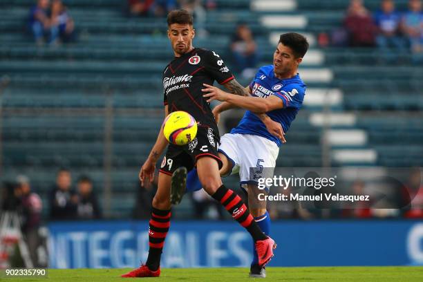 Juan Lucero of Tijuana struggles for the ball with Francisco Silva of Cruz Azul during the first round match between Cruz Azul and Tijuana as part of...