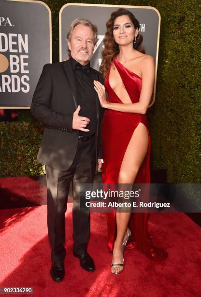 Actors John Savage and Blanca Blanco attend The 75th Annual Golden Globe Awards at The Beverly Hilton Hotel on January 7, 2018 in Beverly Hills,...