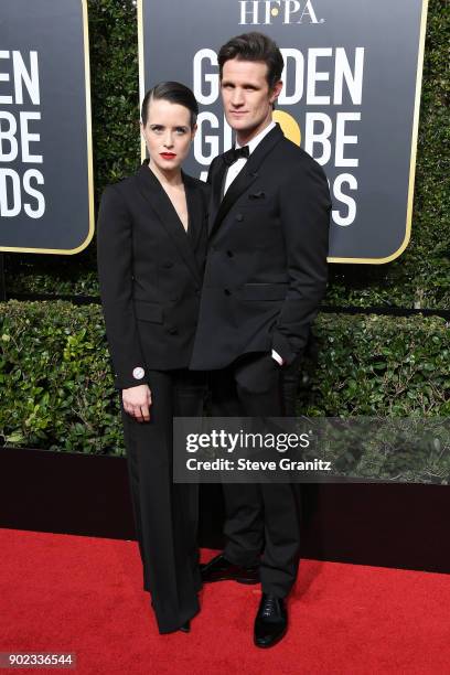 Actors Claire Foy and Matt Smith attend The 75th Annual Golden Globe Awards at The Beverly Hilton Hotel on January 7, 2018 in Beverly Hills,...