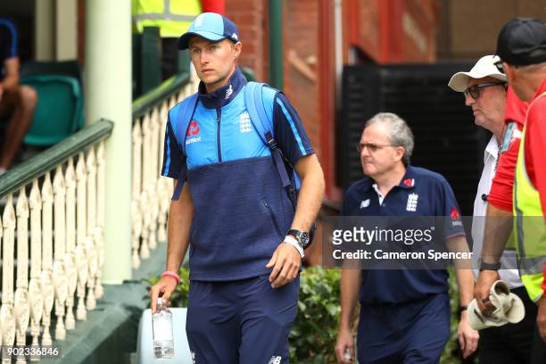 Joe Root of England arrives at the ground after leaving hospital being treated for servere dehydration during day five of the Fifth Test match in the...