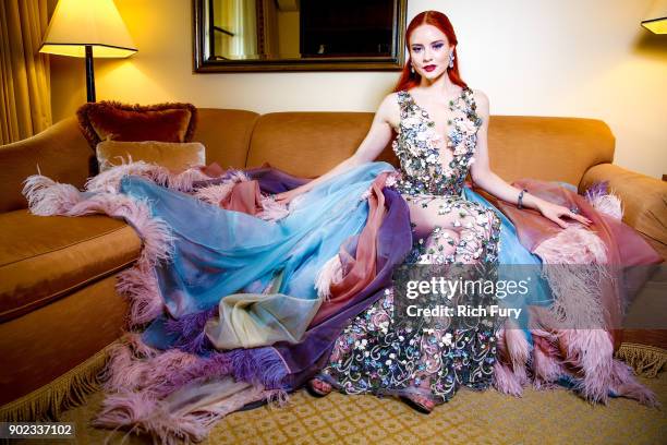 Barbara Meier prepares for the 75th annual Golden Globe Awards at Montage Hotel on January 7, 2018 in Beverly Hills, California. The German model and...