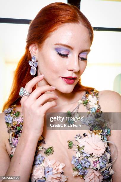 Barbara Meier prepares for the 75th annual Golden Globe Awards at Montage Hotel on January 7, 2018 in Beverly Hills, California. The German model and...