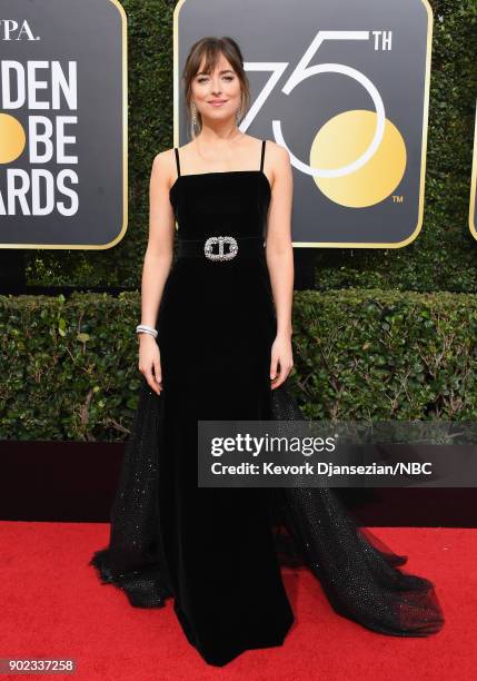 75th ANNUAL GOLDEN GLOBE AWARDS -- Pictured: Actror Dakota Johnson arrives to the 75th Annual Golden Globe Awards held at the Beverly Hilton Hotel on...