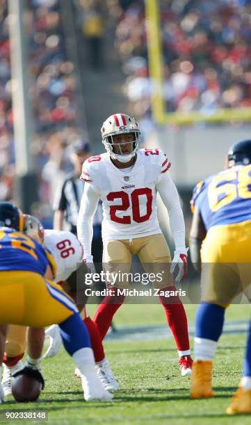 Leon Hall of the San Francisco 49ers defends during the game against the Los Angeles Rams at Los Angeles Memorial Coliseum on December 31, 2017 in...