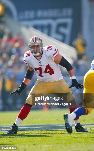 Joe Staley of the San Francisco 49ers blocks during the game against the Los Angeles Rams at Los Angeles Memorial Coliseum on December 31, 2017 in...