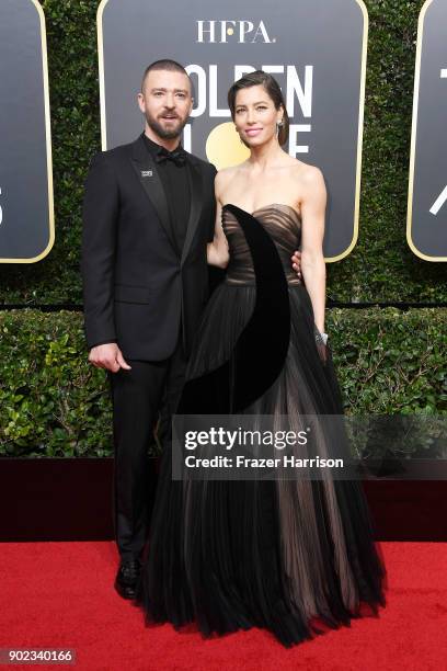 Actor/singer Justin Timberlake and actor Jessica Biel attend The 75th Annual Golden Globe Awards at The Beverly Hilton Hotel on January 7, 2018 in...