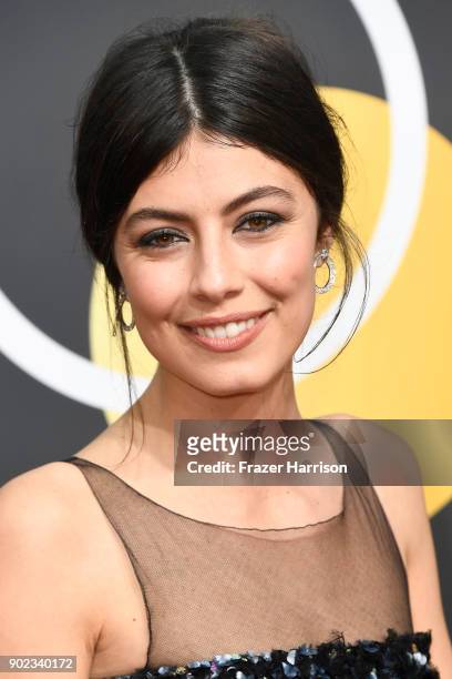 Actress Alessandra Mastronardi attends The 75th Annual Golden Globe Awards at The Beverly Hilton Hotel on January 7, 2018 in Beverly Hills,...