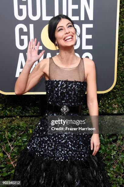 Actress Alessandra Mastronardi attends The 75th Annual Golden Globe Awards at The Beverly Hilton Hotel on January 7, 2018 in Beverly Hills,...