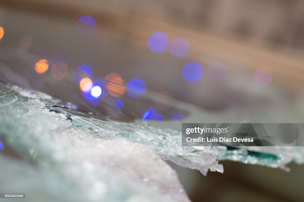 Smashed cafeteria  window in christmast