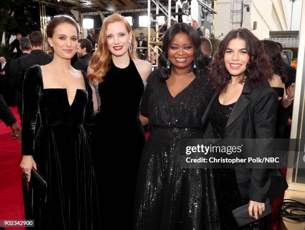 75th ANNUAL GOLDEN GLOBE AWARDS -- Pictured: Actors Natalie Portman, Jessica Chastain, Octavia Spencer and America Ferrera arrive to the 75th Annual...