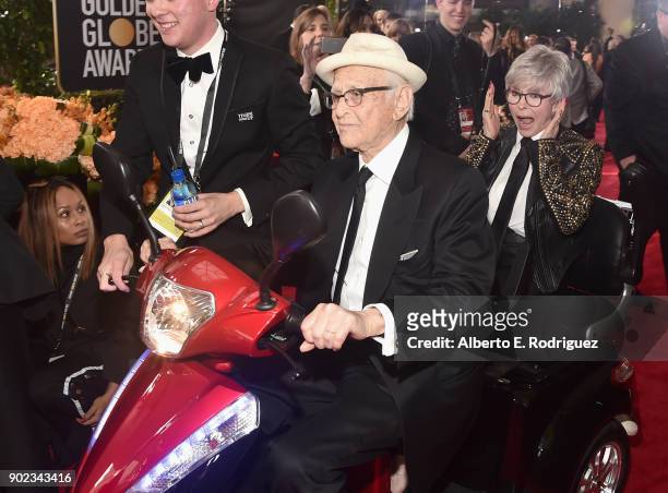 Producer Norman Lear and actor Rita Moreno attends The 75th Annual Golden Globe Awards at The Beverly Hilton Hotel on January 7, 2018 in Beverly...