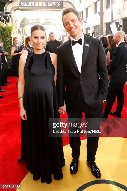 75th ANNUAL GOLDEN GLOBE AWARDS -- Pictured: Alexi Ashe and host Seth Meyers arrive to the 75th Annual Golden Globe Awards held at the Beverly Hilton...