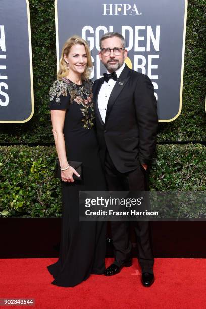 Actor Steve Carell and Nancy Carell attend The 75th Annual Golden Globe Awards at The Beverly Hilton Hotel on January 7, 2018 in Beverly Hills,...