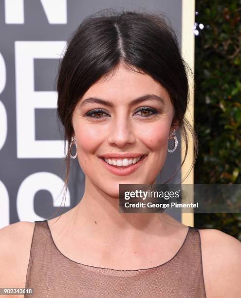 Actress Alessandra Mastronardi attends The 75th Annual Golden Globe Awards at The Beverly Hilton Hotel on January 7, 2018 in Beverly Hills,...