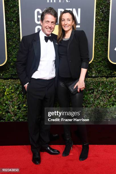 Hugh Grant and Anna Eberstein attend The 75th Annual Golden Globe Awards at The Beverly Hilton Hotel on January 7, 2018 in Beverly Hills, California.