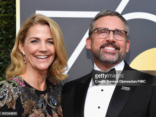 75th ANNUAL GOLDEN GLOBE AWARDS -- Pictured: Actors Nancy Carell and Steve Carell arrive to the 75th Annual Golden Globe Awards held at the Beverly...