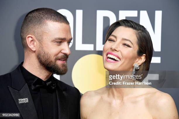Actor/singer Justin Timberlake and actor Jessica Biel attend The 75th Annual Golden Globe Awards at The Beverly Hilton Hotel on January 7, 2018 in...