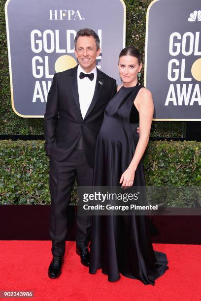 Personality Seth Meyers and Alexi Ashe attend The 75th Annual Golden Globe Awards at The Beverly Hilton Hotel on January 7, 2018 in Beverly Hills,...