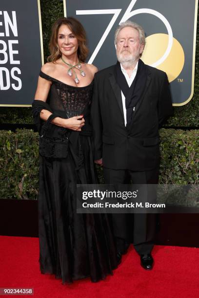 Director Ridley Scott and Giannina Facio attends The 75th Annual Golden Globe Awards at The Beverly Hilton Hotel on January 7, 2018 in Beverly Hills,...