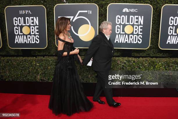 Director Ridley Scott and Giannina Facio attends The 75th Annual Golden Globe Awards at The Beverly Hilton Hotel on January 7, 2018 in Beverly Hills,...