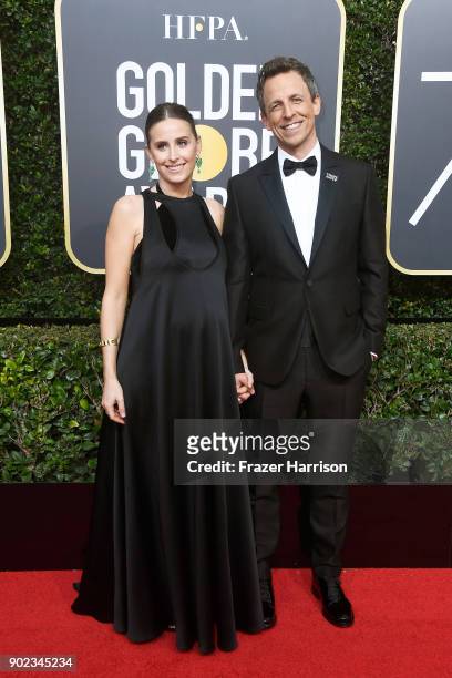 Host Seth Meyers and Alexi Ashe attend The 75th Annual Golden Globe Awards at The Beverly Hilton Hotel on January 7, 2018 in Beverly Hills,...
