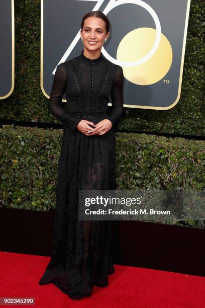 Alicia Vikander attends The 75th Annual Golden Globe Awards at The Beverly Hilton Hotel on January 7, 2018 in Beverly Hills, California.