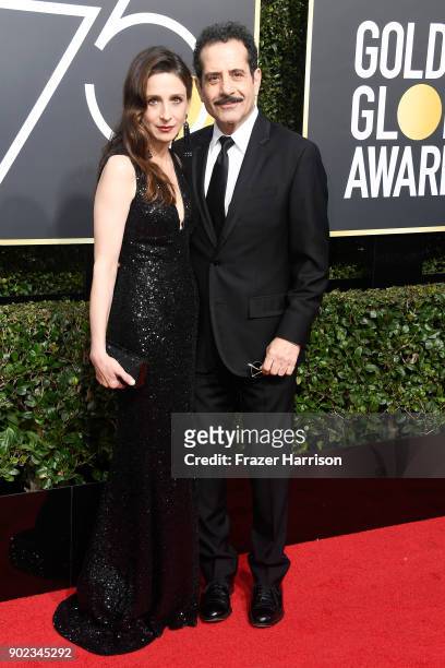 Actors Marin Hinkle and Tony Shalhoub attends The 75th Annual Golden Globe Awards at The Beverly Hilton Hotel on January 7, 2018 in Beverly Hills,...