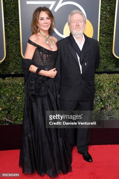 Giannina Facio and producer/director Ridley Scott attend The 75th Annual Golden Globe Awards at The Beverly Hilton Hotel on January 7, 2018 in...