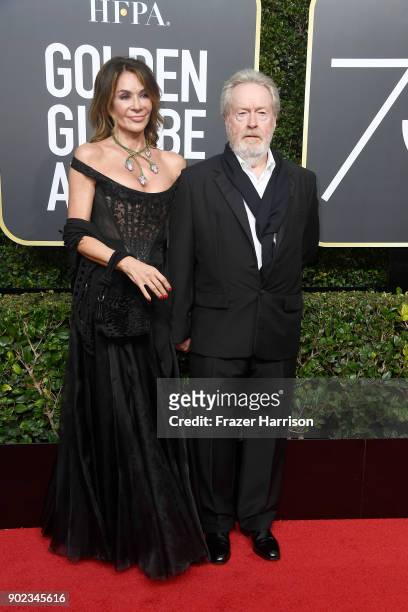Director Ridley Scott and Giannina Facio attend The 75th Annual Golden Globe Awards at The Beverly Hilton Hotel on January 7, 2018 in Beverly Hills,...