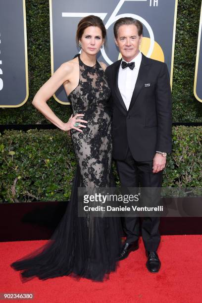 Desiree Gruber and actor Kyle MacLachlan attend The 75th Annual Golden Globe Awards at The Beverly Hilton Hotel on January 7, 2018 in Beverly Hills,...