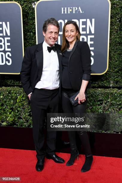 Actor Hugh Grant and Anna Eberstein attends The 75th Annual Golden Globe Awards at The Beverly Hilton Hotel on January 7, 2018 in Beverly Hills,...