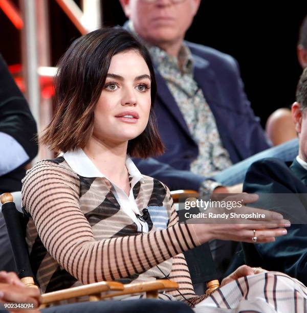 Actress Lucy Hale of the television show "Life Sentence" speaks on stage during the CW portion of the 2018 Winter Television Critics Association...