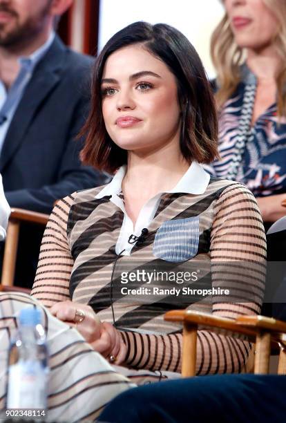 Actress Lucy Hale of the television show "Life Sentence" speaks on stage during the CW portion of the 2018 Winter Television Critics Association...