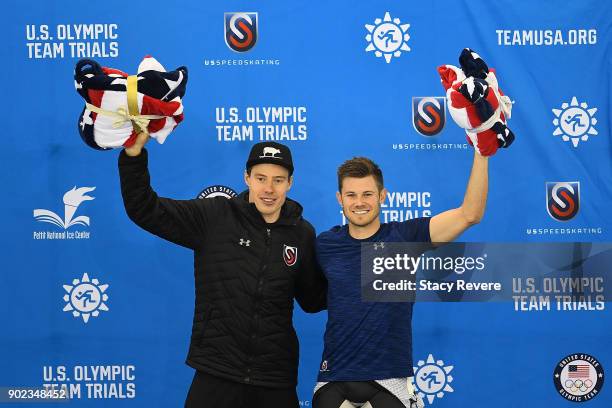 Brian Hansen and Joey Mantia qualify for the Men's Mass Start Olympic Team during the Long Track Speed Skating Olympic Trials at the Pettit National...