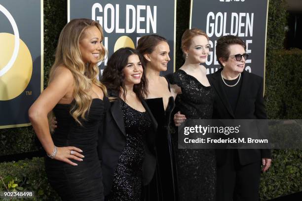 Mariah Carey, America Ferrera, Natalie Portman, Emma Stone and Billie Jean King attend The 75th Annual Golden Globe Awards at The Beverly Hilton...