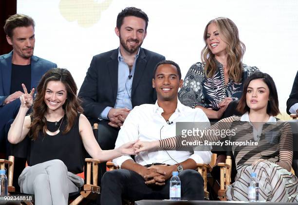 Riley Smith, Richard Keith, Erin Cardillo, Brooke Lyons, Elliot Knight and Lucy Hale of the television show "Life Sentence" speak on stage during the...