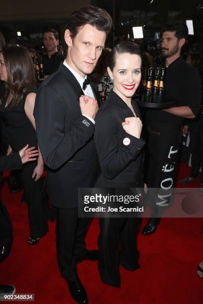 Actors Matt Smith and Claire Foy celebrate The 75th Annual Golden Globe Awards with Moet & Chandon at The Beverly Hilton Hotel on January 7, 2018 in...