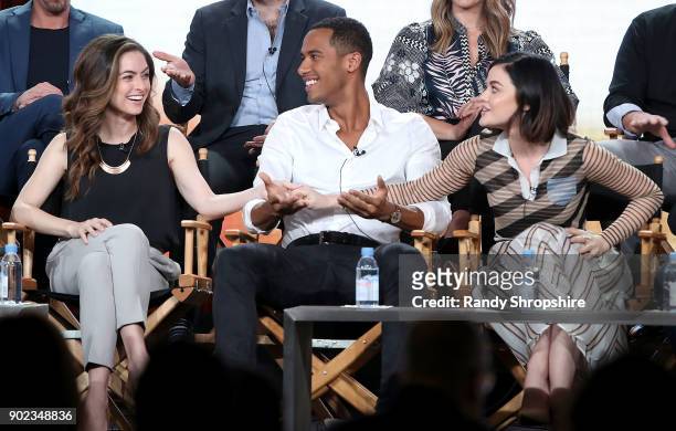 Actors Brooke Lyons, Elliot Knight and Lucy Hale of the television show "Life Sentence" speak on stage during the CW portion of the 2018 Winter...