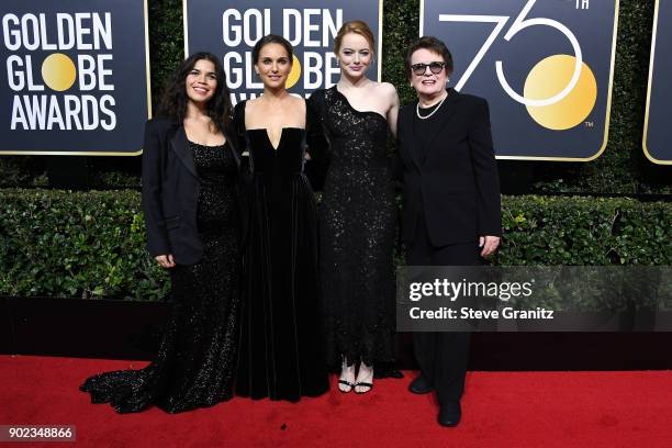 Actor America Ferrera, actor Natalie Portman, actor Emma Stone and retired tennis player Billie Jean King attend The 75th Annual Golden Globe Awards...