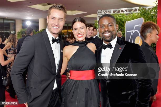Actors Justin Hartley, Mandy Moore and Sterling K. Brown attend The 75th Annual Golden Globe Awards at The Beverly Hilton Hotel on January 7, 2018 in...