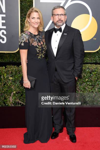 Actors Nancy Carell and Steve Carell attend The 75th Annual Golden Globe Awards at The Beverly Hilton Hotel on January 7, 2018 in Beverly Hills,...
