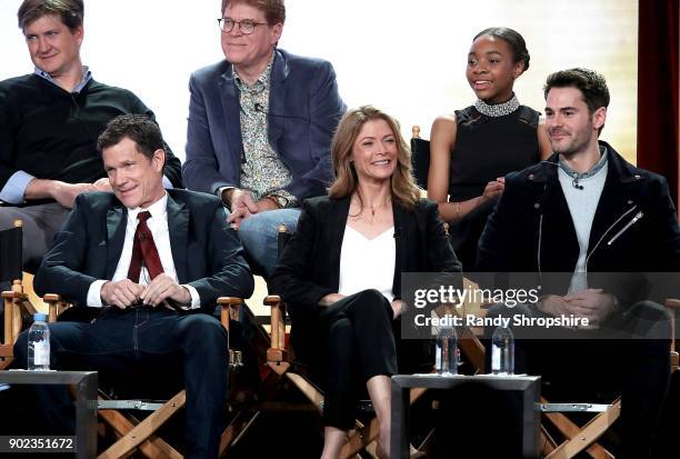 Bill Lawrence, Oliver Goldstick, Nadej Bailey, Dylan Walsh, Gillian Vigman and Jayson Blair of the television show "Life Sentence" speak on stage...