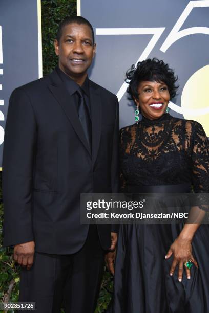 75th ANNUAL GOLDEN GLOBE AWARDS -- Pictured: Actors Denzel Washington and Pauletta Washington arrive to the 75th Annual Golden Globe Awards held at...